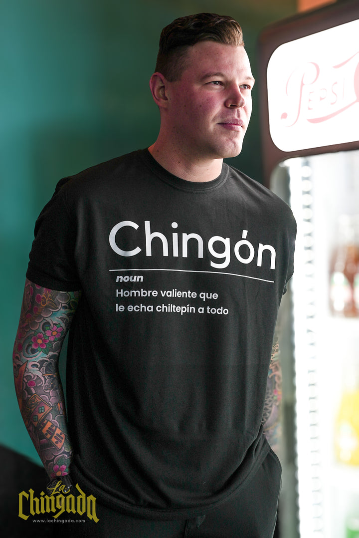Model wearing the black Chingón Definition T-shirt