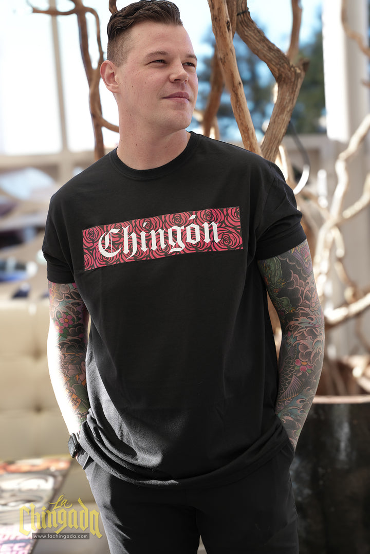 Model wearing the black Chingón Floral T-shirt
